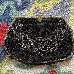 Vintage Handbeaded Black Filigree Tiny Cocktail Purse France Art Deco 1920s 1930